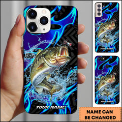 Maxcorners Large Mouth Bass Fishing Neon Blue Flame Water Splash Art Personalized Name Phone Case