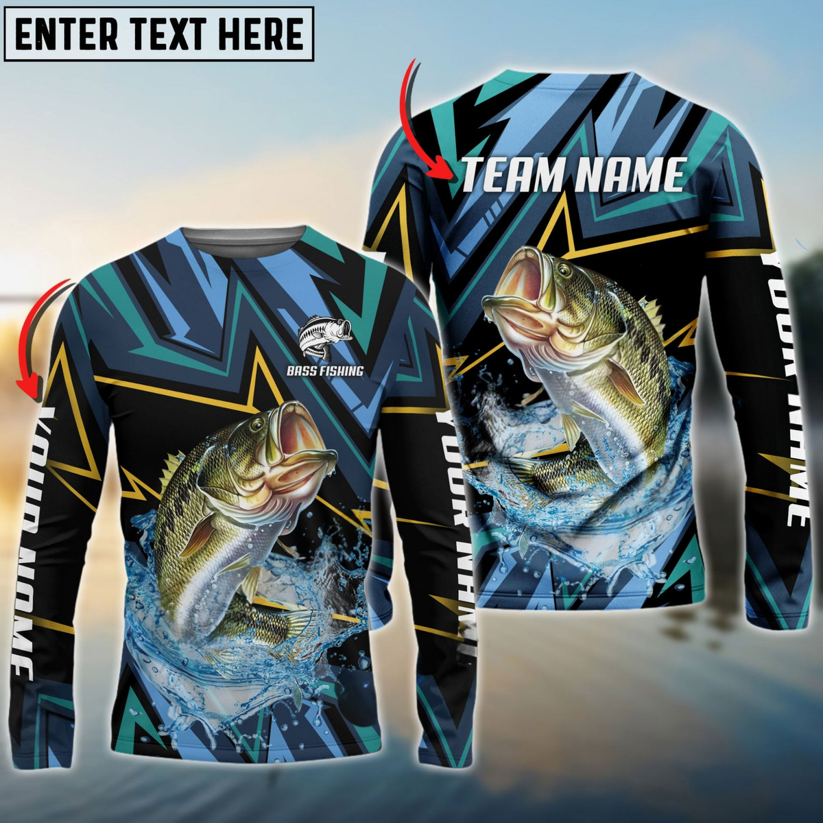 Maxcorners Bass Fishing Lightning Pattern Sport Personalized Name, Team Name 3D Long Sleeve Shirt