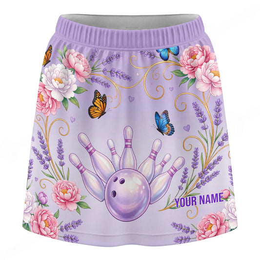 Maxcorners Customized Bowling Trouser Skirts With Shorts Underneath, Bowling Butterfly And Floral Scroll With Pockets