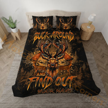 Maxcorners Hunting Deer Skull Orange Camo And Hunt Design Bedding Set 3D Print Custom Name