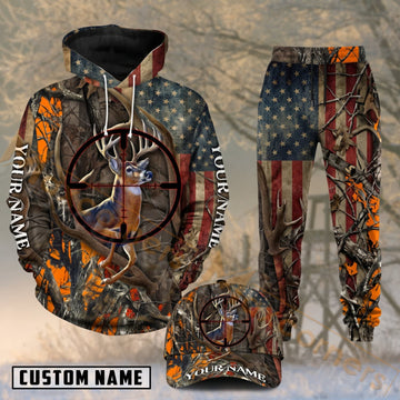 Maxcorners Hunting Whitetail Buck Crosshair American Flag Camo Personalized 3D Combo Hoodie, Sweatpants Set & Cap