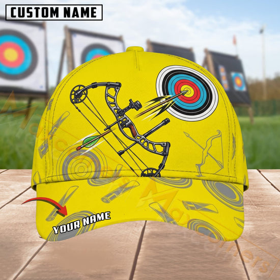 Maxcorners Archery Yellow Bow & Bullseye Personalized Name 3D Cap