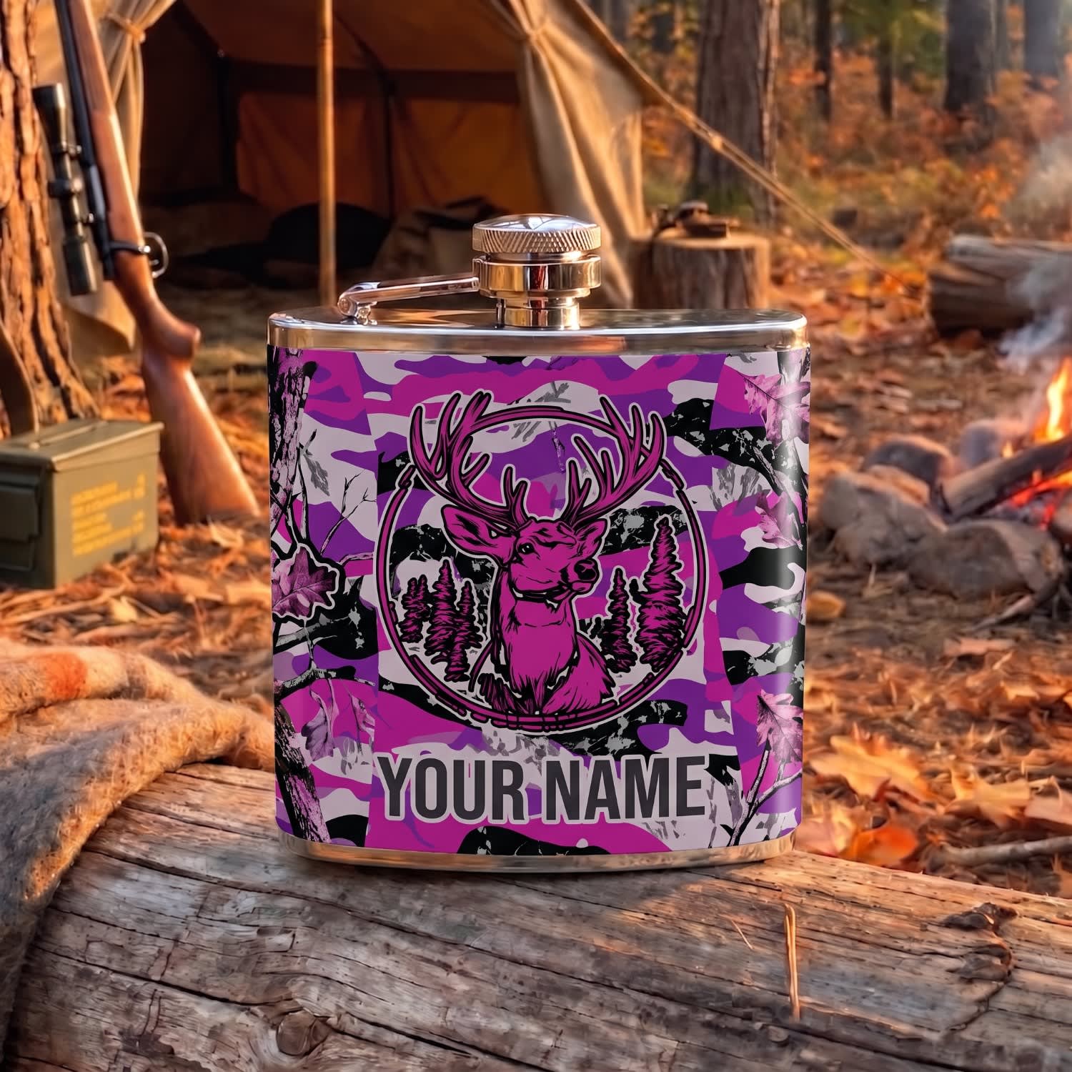Maxcorners Hunting Pink Deer Antler Camouflage Design Personalized Name 3D Hip Flask
