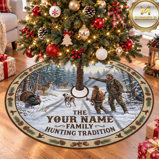 Maxcorners Hunting Deer Moose Elk Family Tradition Personalized Name 3D Christmas Tree Skirt