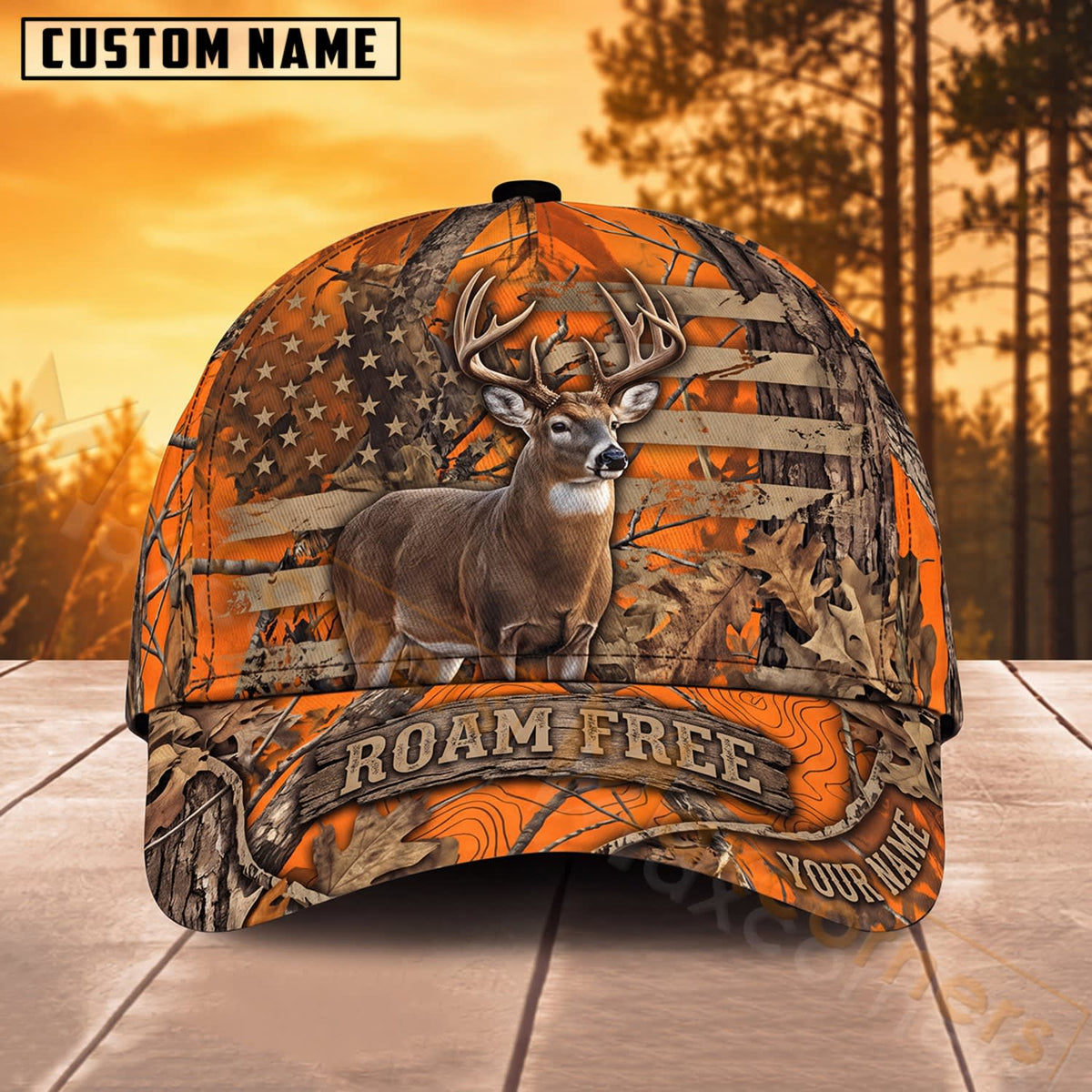 Maxcorners Deer Hunting Orange Camo Roam Free Personalized Name 3D Cap