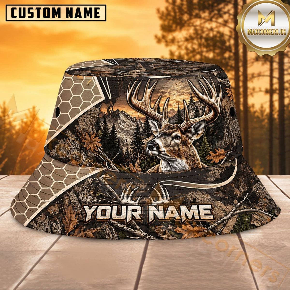 Maxcorners Deer Hunting Antler Woodland Camo Personalized Name 3D Bucket Hat