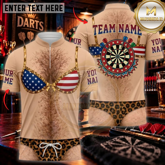 Maxcorners Darts Funny Leopard Print Bikini Body American Flag Dartboard Personalized Name 3D Unisex Shirt