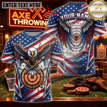 Maxcorners Axe Throwing American Flag Eagle Bullseye Personalized Name 3D Unisex Shirt