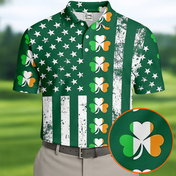Maxcorners Irish Shamrock Vertical Stripes St Patrick's Day Golf Shirt, Polo Shirts For Men, Golf Shirts For Men