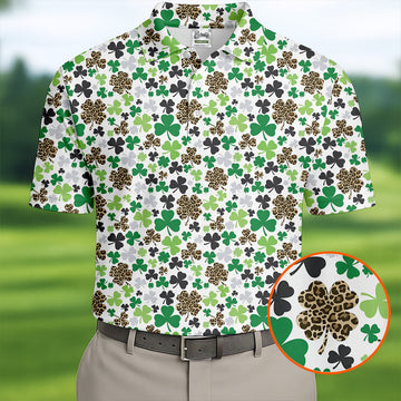 Maxcorners Leopard Pattern St Patrick's Day Shamrock Golf Shirt, Fun Golf Shirts For Men, Polo Shirts For Men