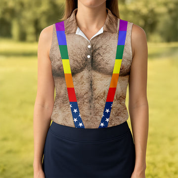 Maxcorners Funny Hairy Chest Rainbow Suspenders Golf Polo, Golf Shirts For Women, Women's Golf Apparel LM1507