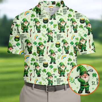 Maxcorners Happy St Patrick's Day Gnomes Shamrock Golf Shirt, Men's Funny Golf Shirts, Golf Shirts For Men