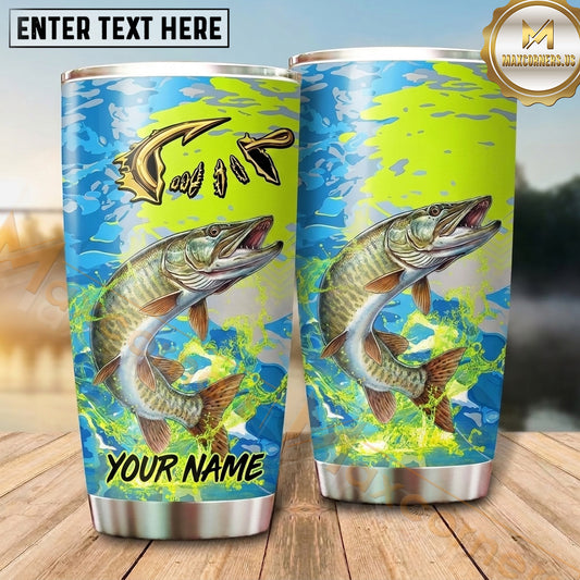 Maxcorners Fishing Tumbler Lime Yellow Abstract Camouflage Design Personalized Name Tumbler (13 Species)