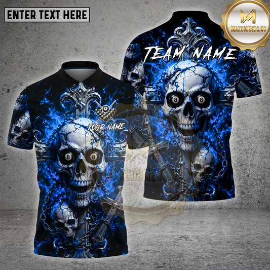 Maxcorners Billiards Gothic Skull Blue Flame 8 Ball Multicolor Options Personalized Name, Team Name 3D Shirt (4 Colors)