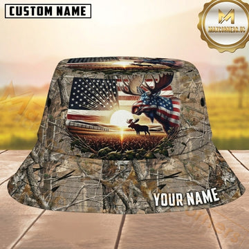 Maxcorners Moose Hunting Patriotic Camo Sunrise Personalized Name 3D Bucket Hat