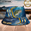 Maxcorners Fishing Blue Gold Wave Personalized Name 3D Bucket Hat (12 Fish Species)