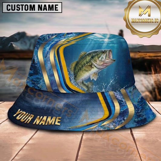 Maxcorners Fishing Blue Gold Wave Personalized Name 3D Bucket Hat (12 Fish Species)
