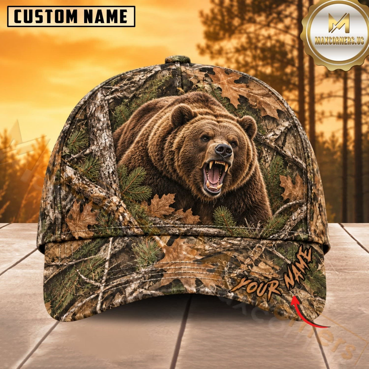 Maxcorners Hunting Wildlife Realistic Autumn Woodland Camo Personalized Name 3D Cap