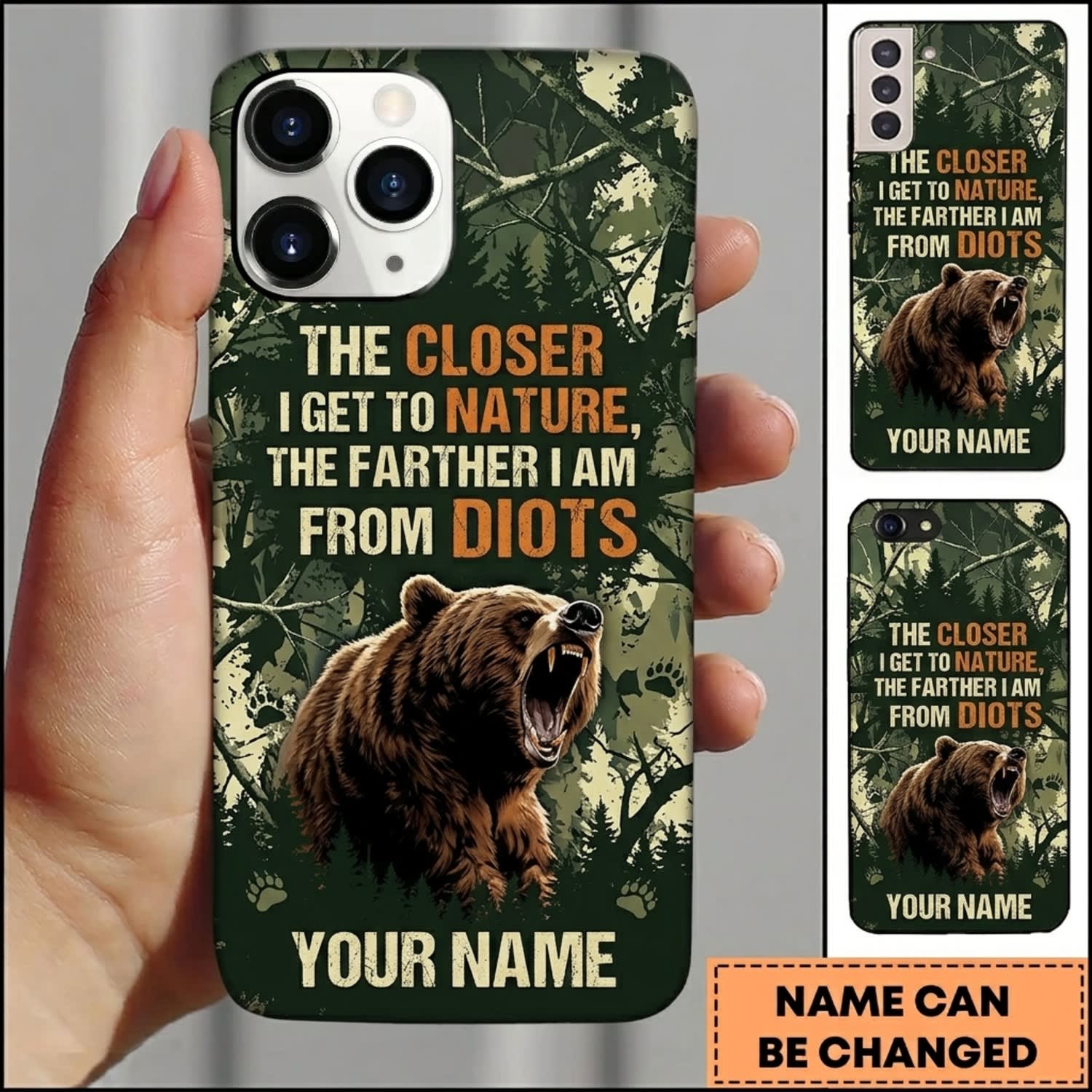 Maxcorners Hunting Closer To Nature Deer Forest Green Camo Personalized Name 3D Phone Case