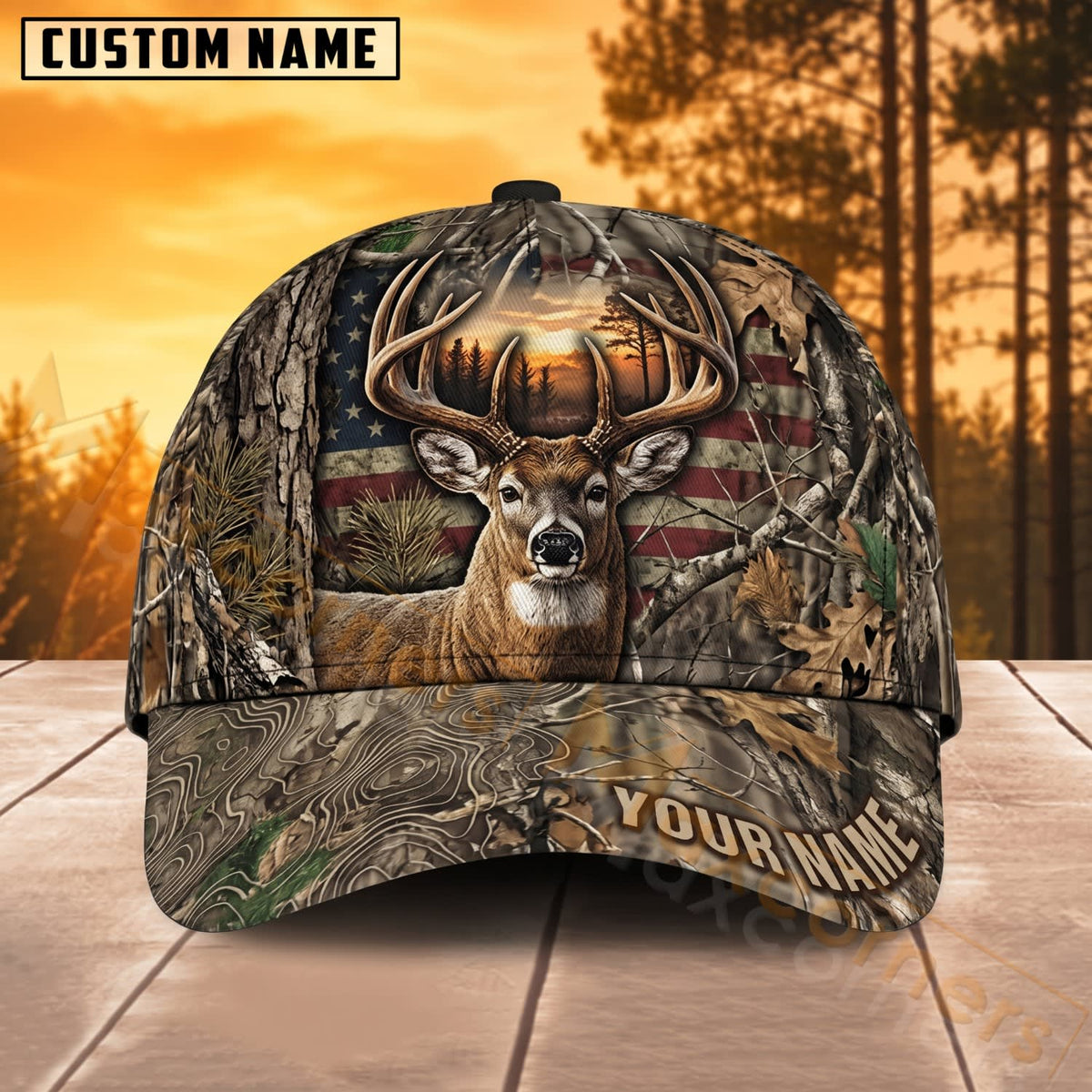 Maxcorners Deer Hunting Rustic American Flag Forest Sunset Personalized Name 3D Cap