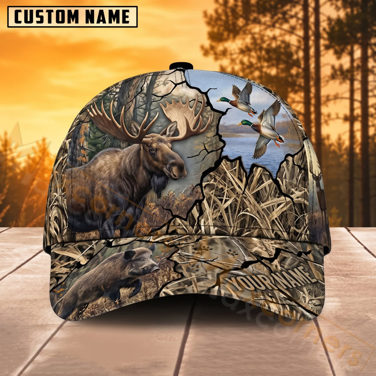 Maxcorners Moose Hunting Wetland Birds Woodland Camo Personalized Name 3D Cap