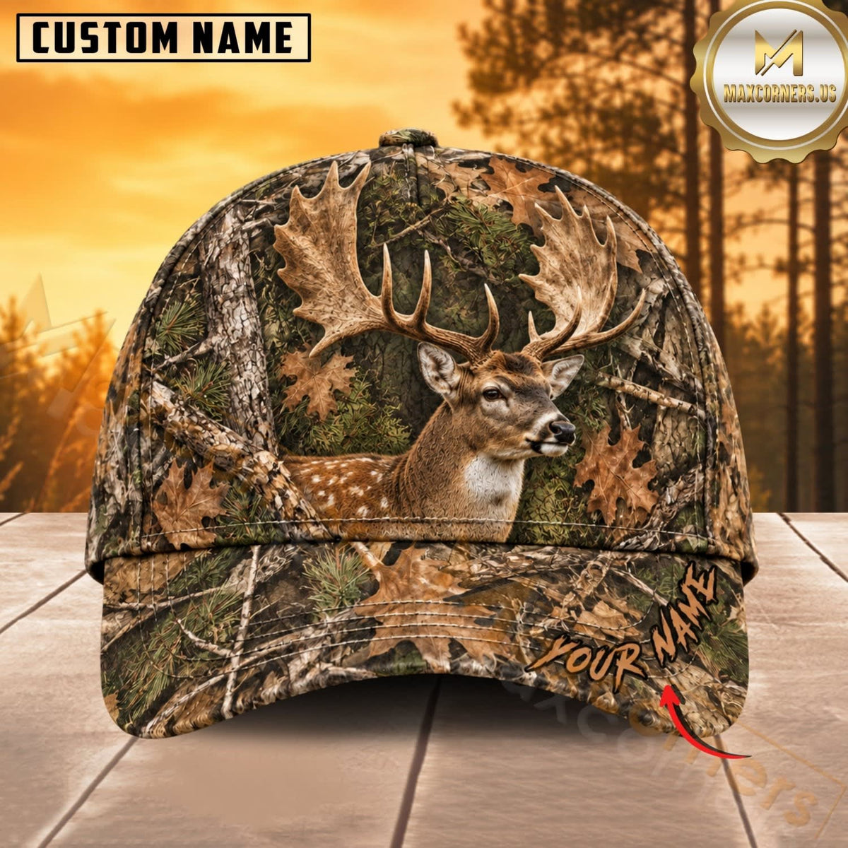 Maxcorners Hunting Wildlife Realistic Autumn Woodland Camo Personalized Name 3D Cap