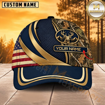 Maxcorners Hunting Wildlife Navy Blue Gold Ribbon American Flag Personalized Name 3D Cap
