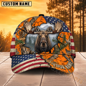 Maxcorners Moose Hunting American Flag Blaze Orange Woodland Personalized Name 3D Cap