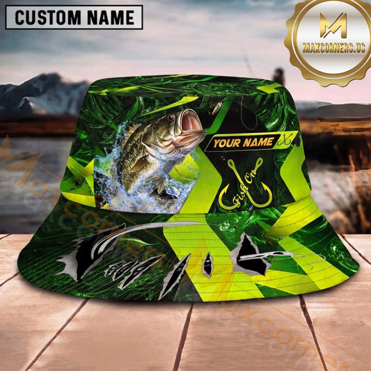 Maxcorners Fishing Neon Green Sport Personalized Name 3D Bucket Hat (12 Fish Species)