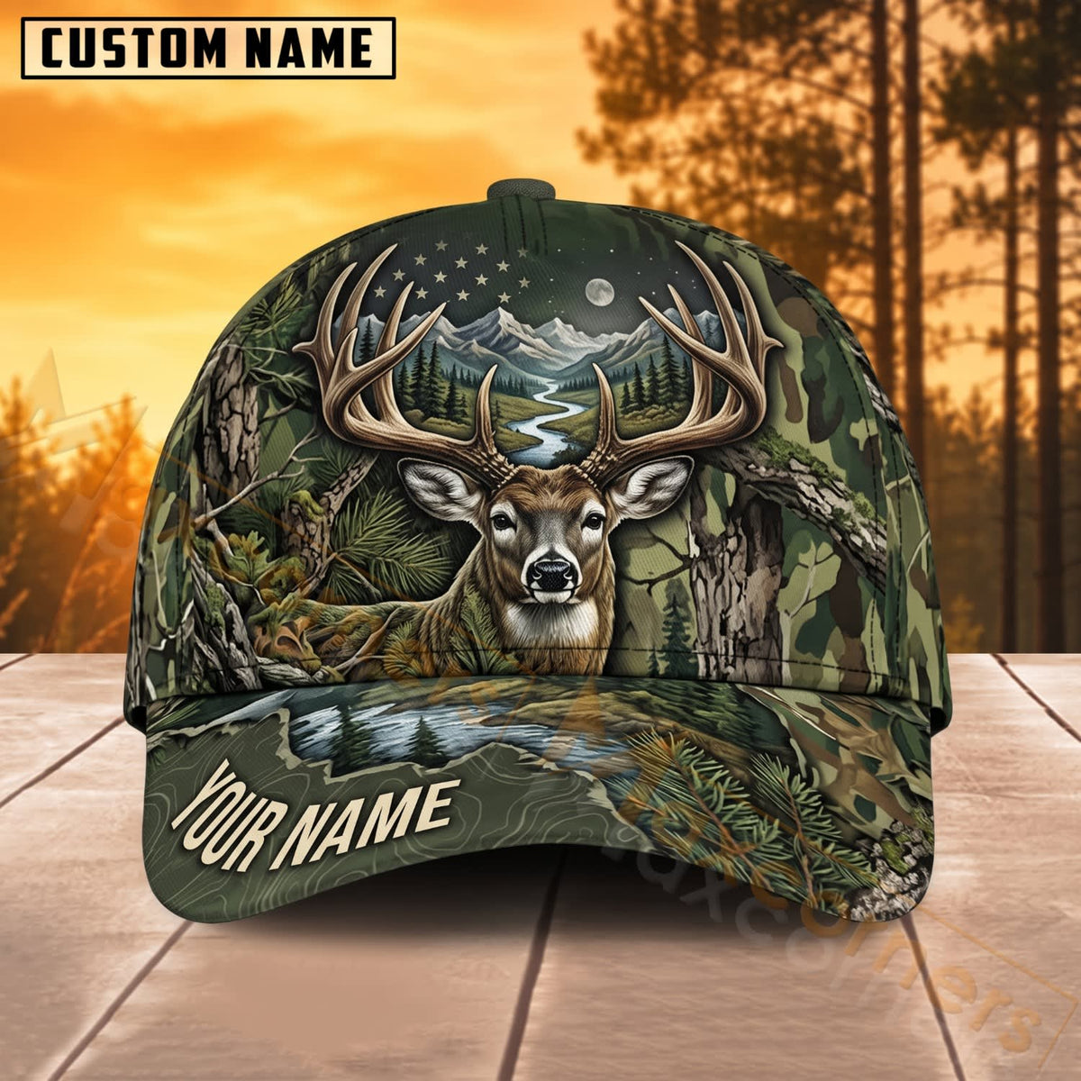 Maxcorners Deer Hunting Mountain Forest Green Camo Personalized Name 3D Cap