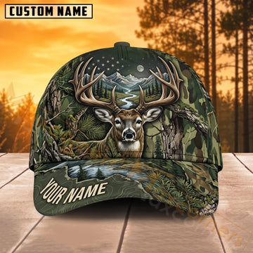 Maxcorners Deer Hunting Mountain Forest Green Camo Personalized Name 3D Cap