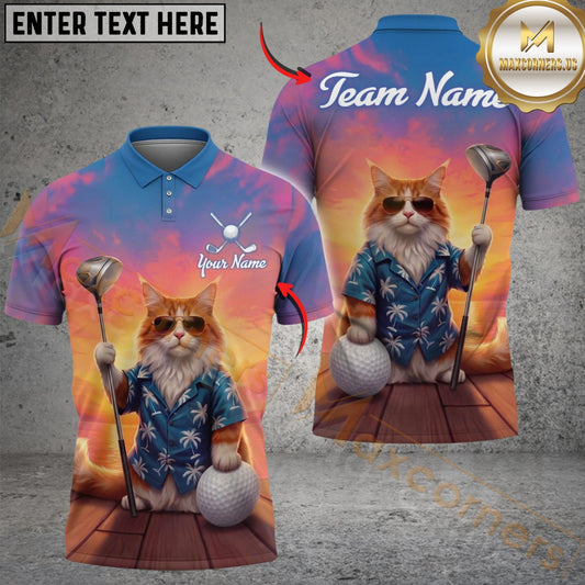Maxcorners Golf Funny Cat Sunglasses Sunset Vibes Graphic Design Customized Name, Team Name Shirts