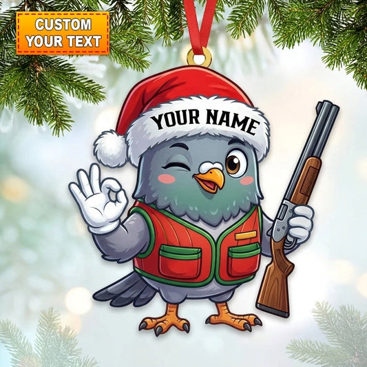 Maxcorners Personalized Funny Pigeon Trap Shooter Santa Hat Shotgun Hunting Acrylic Christmas Ornament And Keychain Custom Gift For Hunters 2D Flat