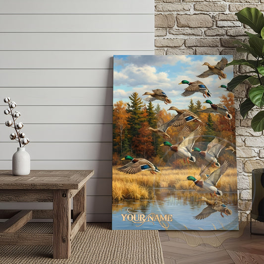 Maxcorners Flying Ducks Autumn Lake Personalized Name Canvas