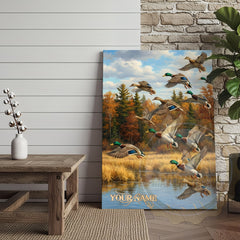Maxcorners Flying Ducks Autumn Lake Personalized Name Canvas