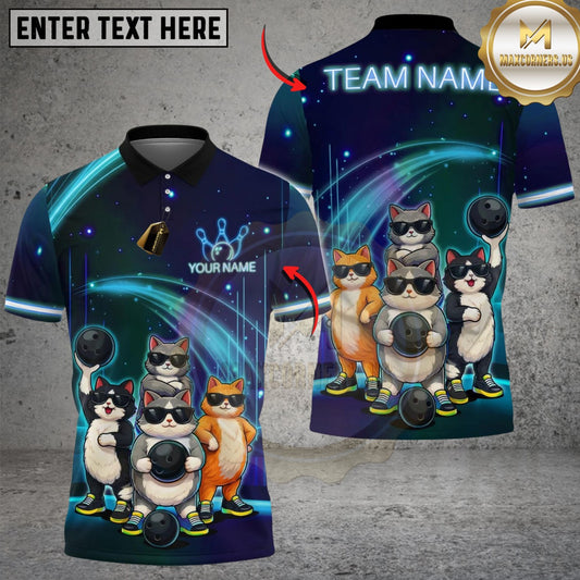 Maxcorners Bowling And Pins Cat Gang Customized Name, Team Name 3D Shirt (4 Colors)