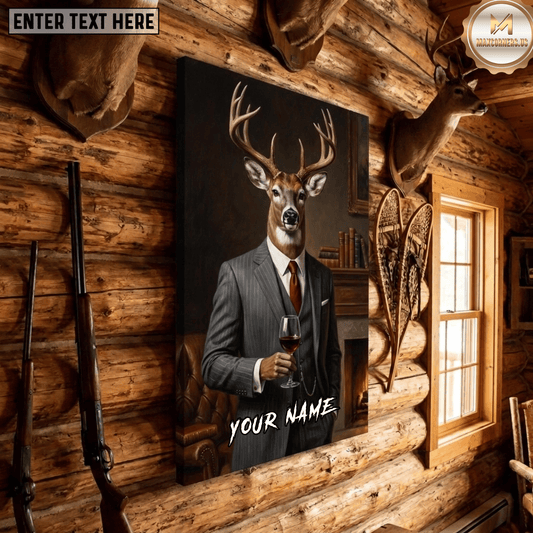 Maxcorners Deer Hunting Dapper Buck In Suit Wine Glass Funny Gentleman Lodge Canvas Wall Art