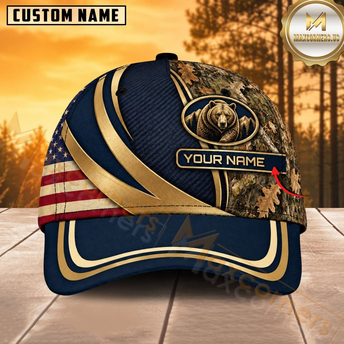 Maxcorners Hunting Wildlife Navy Blue Gold Ribbon American Flag Personalized Name 3D Cap