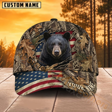 Maxcorners Black Bear Hunting American Flag Woodland Camo Personalized Name 3D Cap