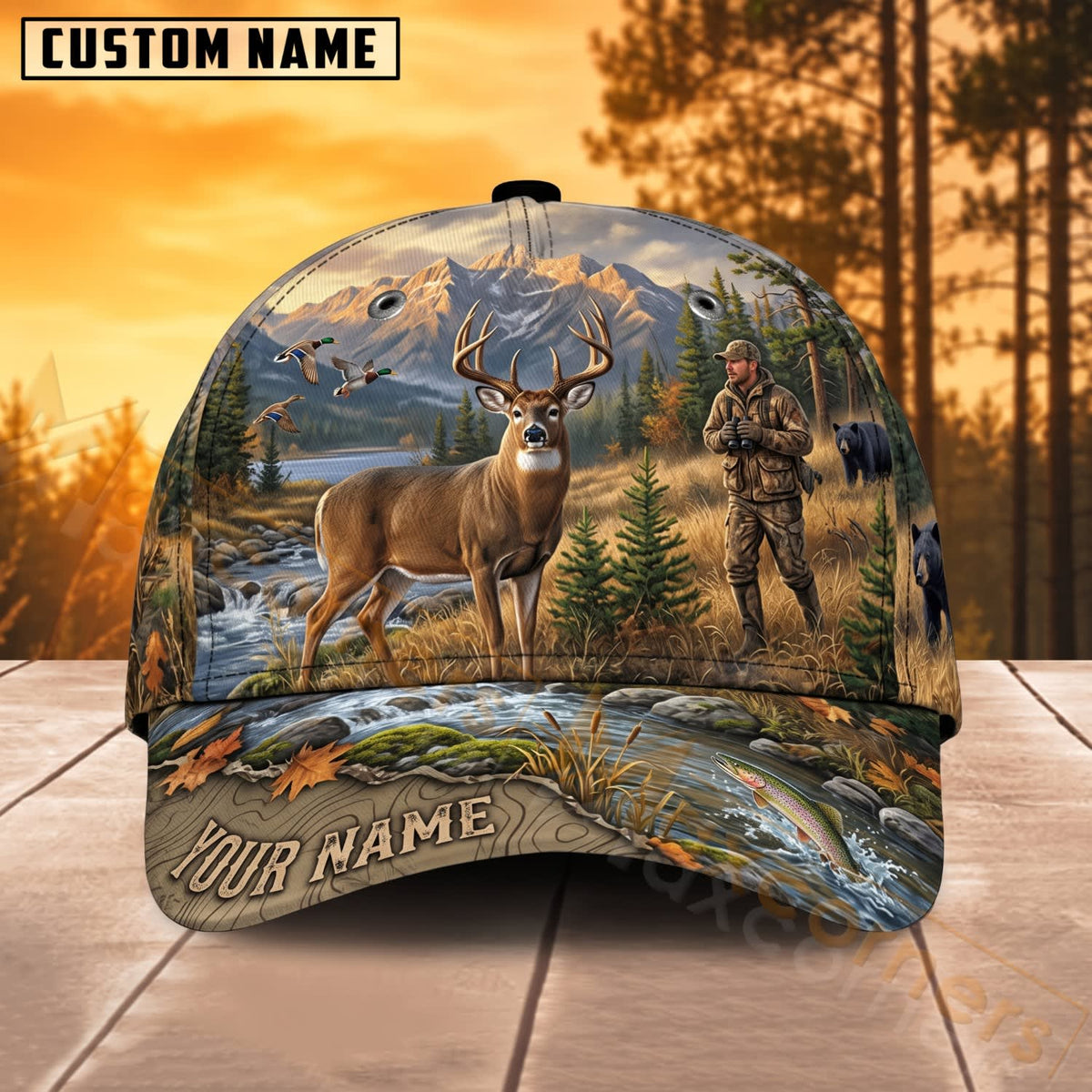 Maxcorners Deer Hunting Hunter Buck Riverside Wilderness Personalized Name 3D Cap