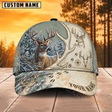 Maxcorners Deer Hunting Winter Forest Antler Sketch Personalized Name 3D Cap