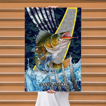 Maxcorners Walleye Fishing Tactical Camo Metal Splash Design Personalized Name 3D Poster