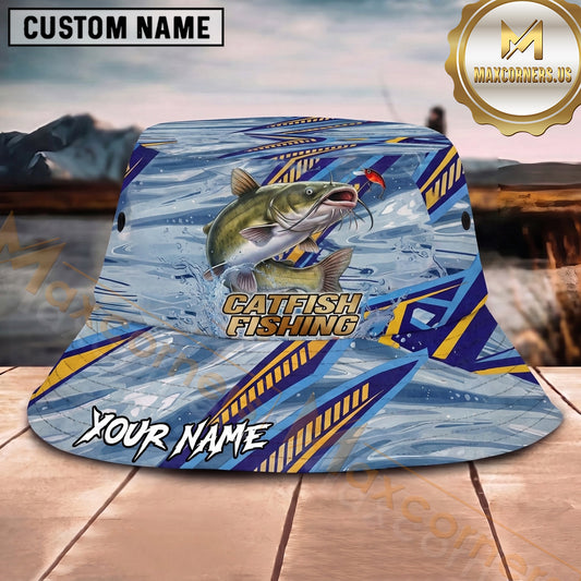 Maxcorners Fishing Blue Geometric Water Splash Personalized Name 3D Bucket Hat (12 Fish Species)