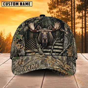 Maxcorners Moose Hunting US Flag Woodland Camo Personalized Name 3D Cap
