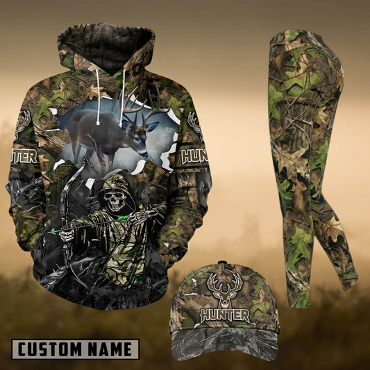 Maxcorners Hunting Whitetail Deer Skull Bow Hunter Green Forest Camo 3D Shirts