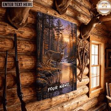 Maxcorners Deer Hunting Whitetail Buck Autumn Forest River Sunset Wildlife Scene Canvas Wall Art