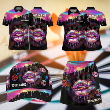 Maxcorners Darts Purple Pink Neon Dartboard Design Personalized Team Sportswear Set - Polo Shirt, Cap & Skorts