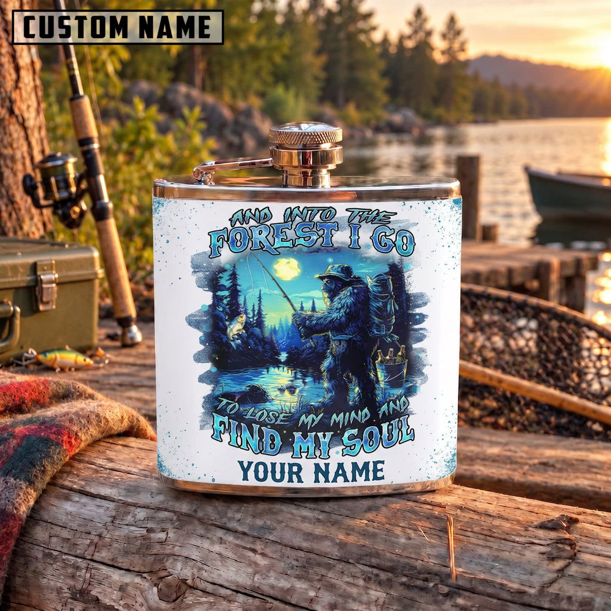 Maxcorners Fishing Forest Quote Fisherman Night Scene Personalized Name 3D Hip Flask
