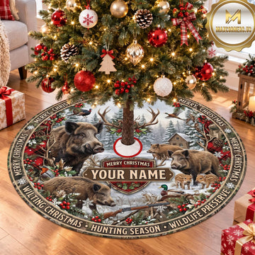 Maxcorners Hunting Deer Elk Wildlife Winter Personalized Name 3D Christmas Tree Skirt