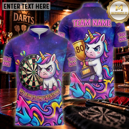 Maxcorners Darts Purple Pink Punk Unicorn Bullseye Personalized Name 3D Unisex Shirt